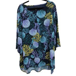 J Jason Wu Womens Tunic Top Size 1X Seashell Print Chiffon 3/4 Sleeve Nautical